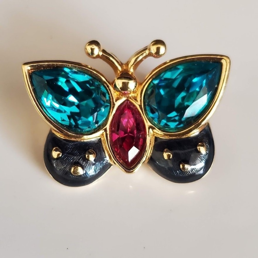 Swarovski Crystal Butterfly Brooch Gold Plate Teal Pink Enamel Swan Signed